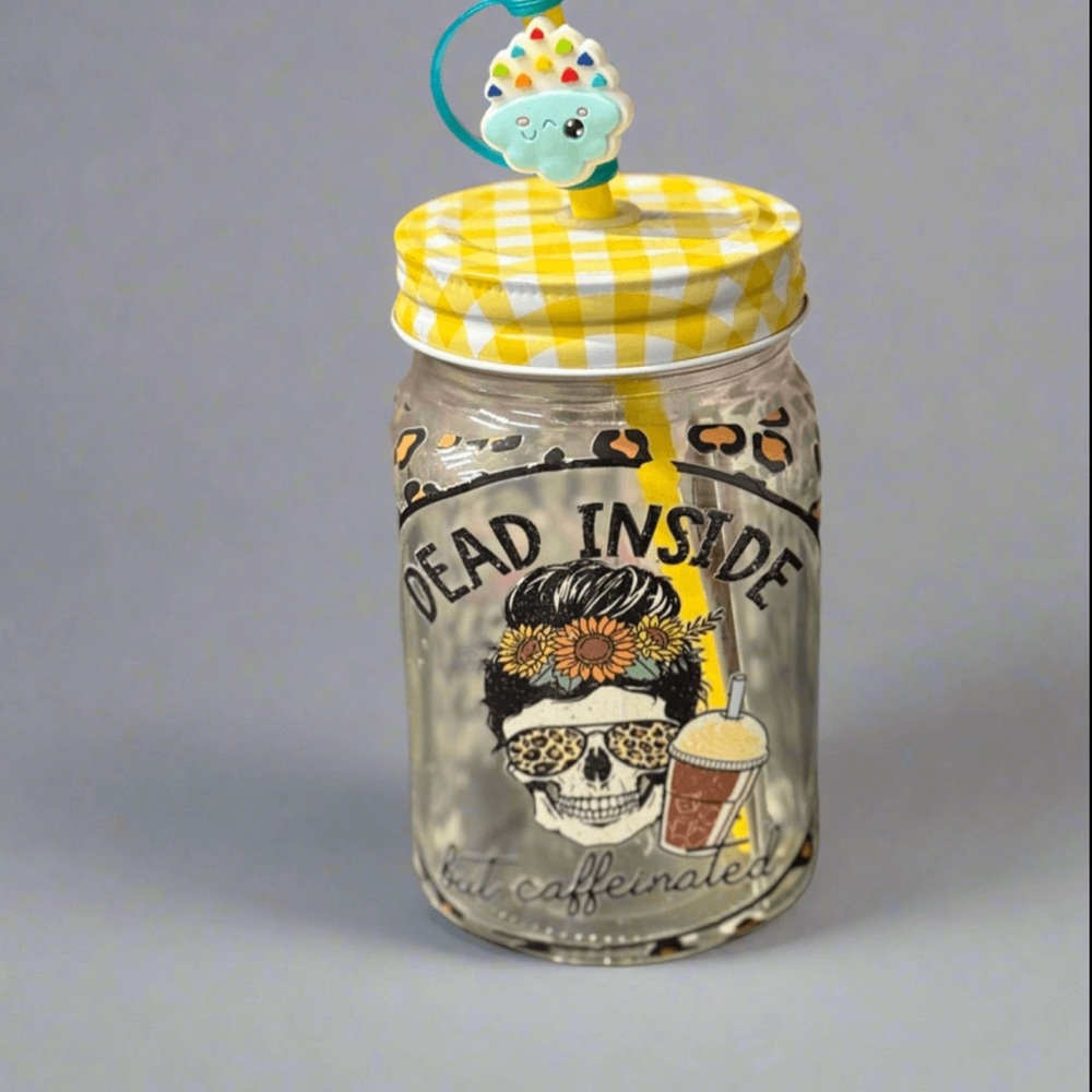 Yellow Checkered Skull Mason Jar